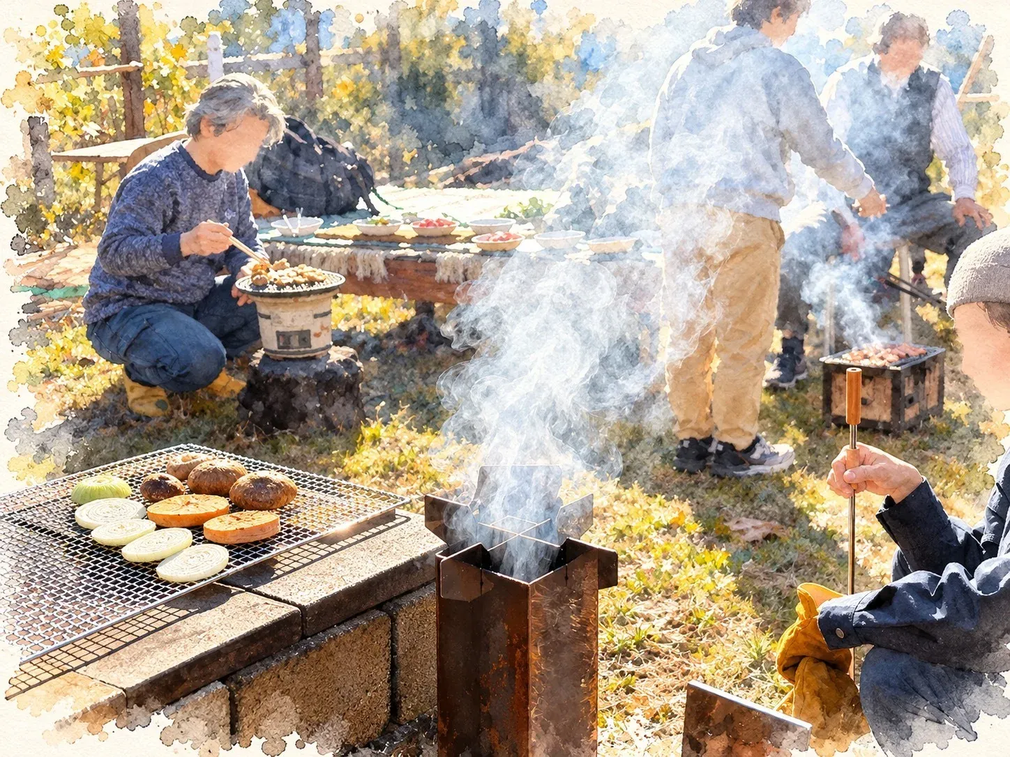 Friends cooking outdoors